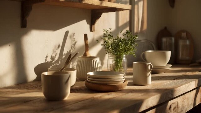 Cozy sunlit kitchen scene with rustic wooden surfaces, soft shadows, and simple ceramic tableware