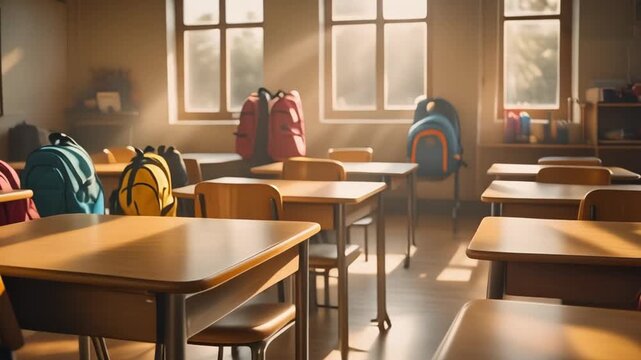 Sunlit classroom corner with empty wooden desks bathed in golden glow through large windows