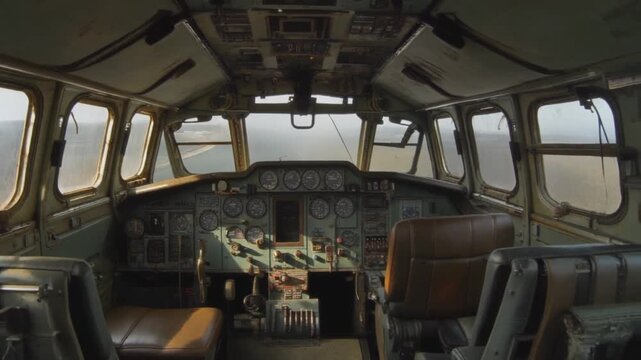 Cockpit interior of a weathered vintage aircraft with aged control panel and levers