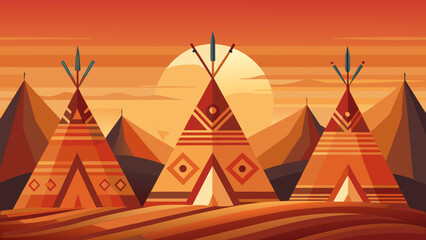 Traditional tipis set against a vibrant sunset landscape Vector © Rana Islam