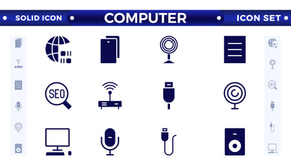 Computer solid icon set. Containing online, computer, network, website, server, web design, hardware, software, monitor, smartphone, tablet, and laptop, and programming. Solid icons vector collection.