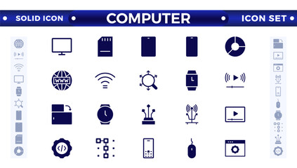 Computer solid icon set. Containing online, computer, network, website, server, web design, hardware, software, monitor, smartphone, tablet, and laptop, and programming. Solid icons vector collection.