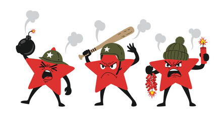 Obraz premium Three angry red star characters wearing military helmets and hats hold a bomb and baseball bat and firecrackers.