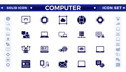 Computer solid icon set. Containing online, computer, network, website, server, web design, hardware, software, monitor, smartphone, tablet, and laptop, and programming. Solid icons vector collection.
