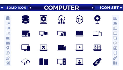 Computer solid icon set. Containing online, computer, network, website, server, web design, hardware, software, monitor, smartphone, tablet, and laptop, and programming. Solid icons vector collection.