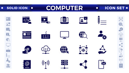 Computer solid icon set. Containing online, computer, network, website, server, web design, hardware, software, monitor, smartphone, tablet, and laptop, and programming. Solid icons vector collection.