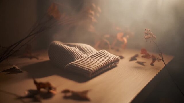 Cozy knitted beanie resting on smooth wooden surface in warm, softly lit scene