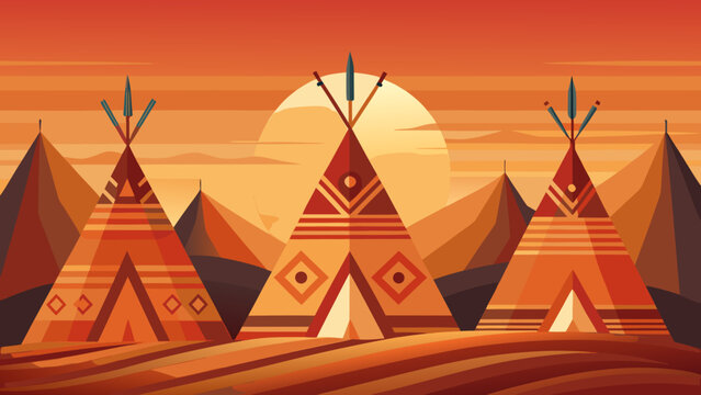 Traditional tipis set against a vibrant sunset landscape Vector