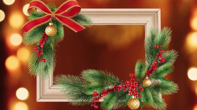 An elegant Christmas frame made of festive holiday decorations, featuring lush pine branches, red and gold ornaments, sparkling baubles, pinecones, candy canes, and warm glowing fairy lights