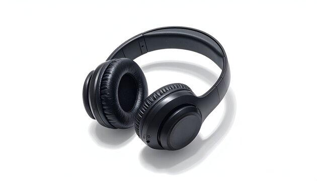 Black over-ear headphones are isolated on a white background, angled towards the left