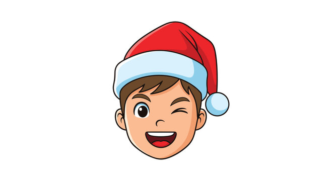 Head of a happy cartoon boy wearing a red Santa hat and winking his eye with a big cheerful smiling face.