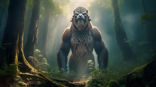 Towering forest guardian: a colossal ape-like creature emerges from a misty woodland