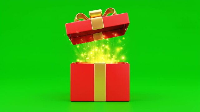 Red Gift Box Opening with Radiant Green Magic Light on Green Screen