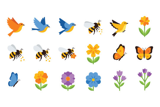 Colorful illustration of various animals and plants including birds flying bees butterflies and flowers in different colors on white background