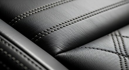 Naklejka premium Close-up of black leather upholstery with detailed stitching and textured surface.