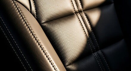 Naklejka premium Close-up of luxurious black perforated leather car seat with detailed stitching and quilted pattern.