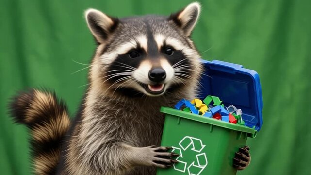 Happy Cartoon Raccoon Holding Recycling Bin Green Screen Background Ecology Environment Nature Protection Character