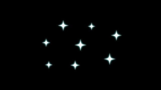Sparkle twinkle star animation with white cartoon flat vector doodles, glitter shine and blinking light effect, glowing star motion on transparent black screen background for looping 4K animation