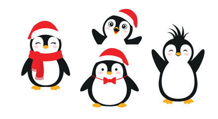 Obraz premium Group of four adorable cartoon penguins celebrating Christmas dressed in festive Santa hats, red scarves, and cute bows on a white background.