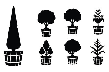 Set of silhouettes of plants and trees in pots for graphic design  isolated on transparent background