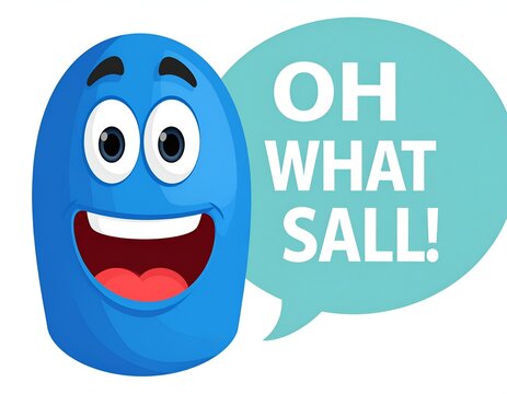 Blue cartoon character with big eyes, huge grin, and speech bubble stating "OH WHAT SALL!