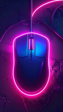 Blue computer mouse outlined in bright pink neon light on a textured surface, top-down view