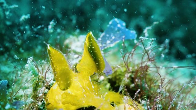 Vibrant golden mantis shrimp with large watchful eyes in reef, macro and wide shot of rare yellow crustacean guarding its territory
