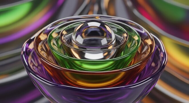 A vibrant, abstract digital art piece featuring a crystal object surrounded by swirling green, purple, and orange shapes in a close-up view