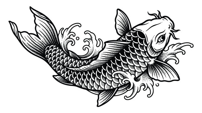 Japanese Koi Fish Swimming Through Water Waves Tattoo Style.