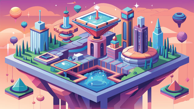 Isometric vector of futuristic floating city garden.eps