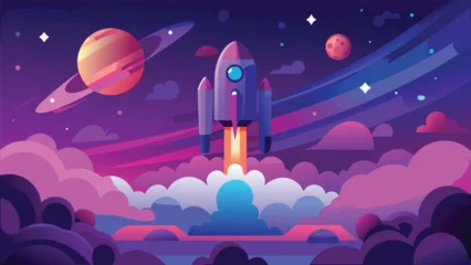 Fotobehang Warm Paars Modern Space Exploration Concept Illustration with Spacecraft, Stars, and Colorful Gradients for UI Web Header or Startup Background..eps  © zihad