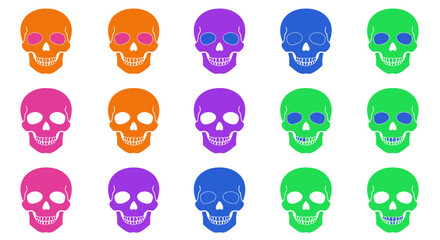 A vibrant collection of stylized skull illustrations, arranged in a colorful repeating grid pattern, offering a playful yet edgy visual concept for diverse graphic design projects