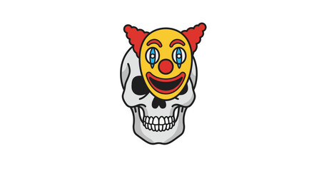 Humorous Demise A vibrant vector illustration depicting a cheerful clown mask placed on a grim human skull, symbolizing the ironic contrast of fleeting joy and inevitable end