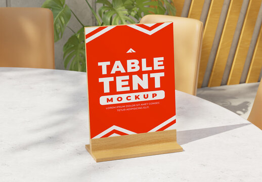 Table Tent Mockup on Restaurant Table for Promotional Display