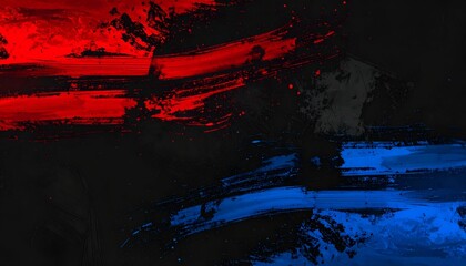 Bold brushstrokes of red and blue across a dark backdrop, creating an abstract and dynamic composition