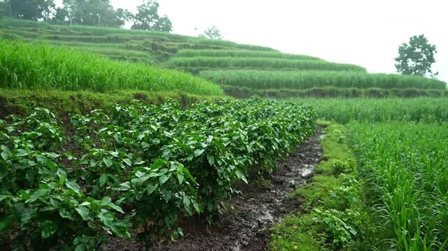 Lush Green Terraced Farmland with Rice Paddies and Corn Fields in the Rain
