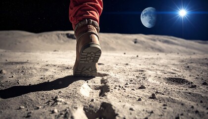 Booted foot treks lunar surface; deep footprint left. Earth and bright sun hang in the black sky