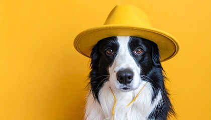 Border Collie dog portrait, wearing a bright yellow hat, set against a vibrant yellow background