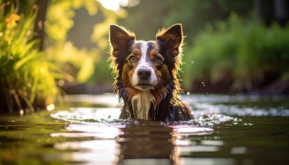 Border collie dog swims in a creek, backlit by golden sunlight filtering through trees in a lush, green setting