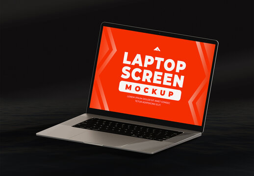 Laptop Screen Mockup with Red Display in Dark Workspace