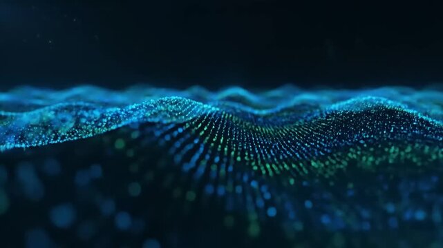 Abstract Digital Wave Particles Flowing with Futuristic Blue Green SciFi Background.