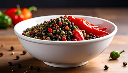 Bowl of pepper. Colorful peppercorns mix and vibrant chili peppers are arranged on a wood surface in a clean white bowl