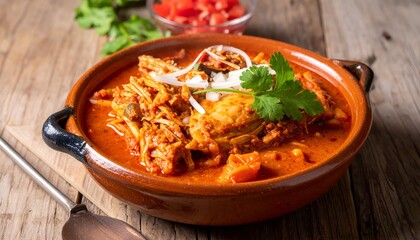 Bowl of rich, red chicken stew on rustic wood. Herbs and diced tomato on the side. Spoon nearby