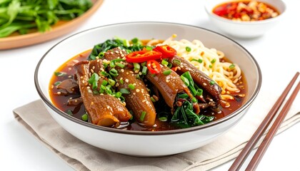 Bowl of savory noodle dish with braised vegetables and spicy garnish on bright background
