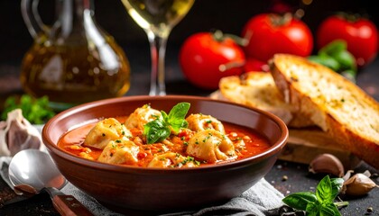 Bowl of tortellini soup, garnished with basil, bread, tomatoes, garlic, oil, wine on dark background