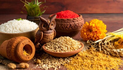 Bowls & pots of grains, spices, owl figurine & small green plant, all on a wooden surface with a brown wood background