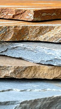 This close-up shot captures the intricate, rugged textures of naturally layered stone slabs, presented in a vertically stacked arrangement. The composition highlights the raw beauty and variations in 