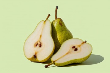 Pale green pears one sliced in half showing seeds and flesh