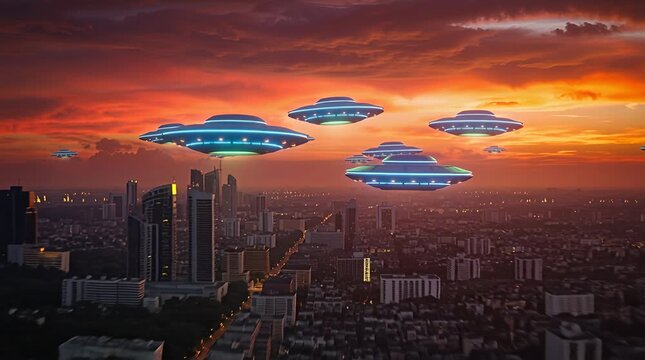 Alien invasion armada arrives over city skyline during dramatic sunset ufo fleet hovering above urban.