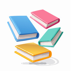 Floating books with bright color hardcover isolated on white. Cartoon 3d render illustration of flying literature for school education and library concept.
